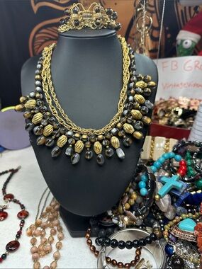 Kramer Signed Gold and Black Beaded Statement Necklace and Matching Bracelet -